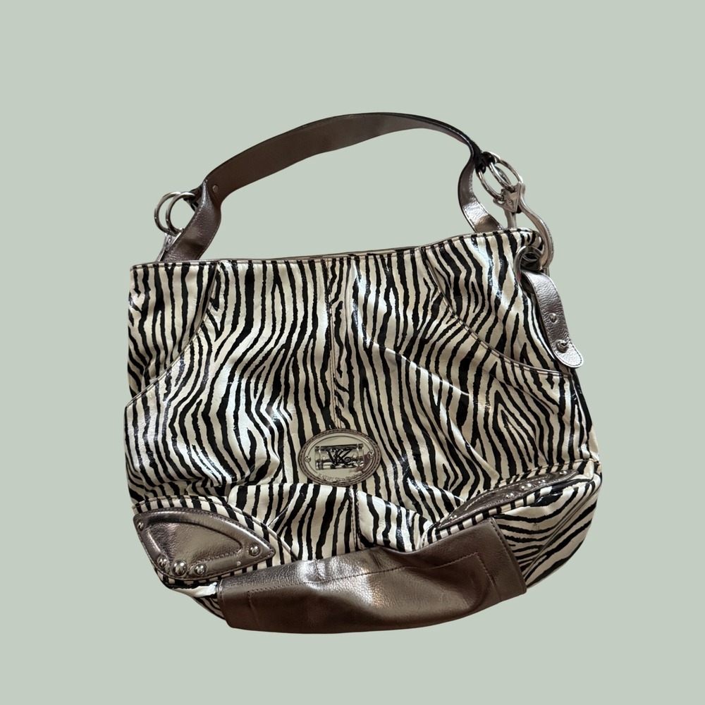 Kathy Van Zeeland Zebra Print Hobo Bag Metallic Pewter Trim Y2K Animal Print